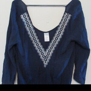 Kona Sol Sheer Swimsuit Coverup Large Blue Womens V Neck Embroidered Tassel Trim